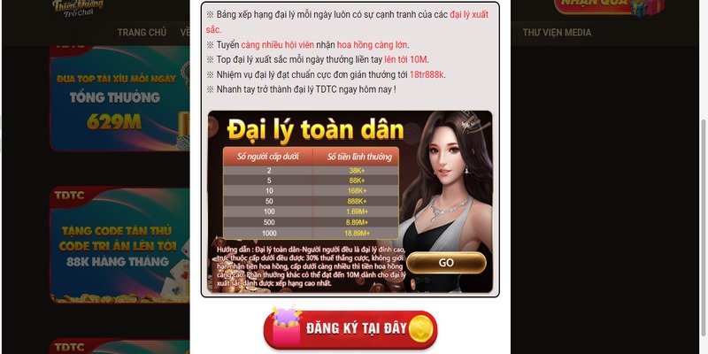 Tại giao diện trò chơi TDTC tìm rồi nhấn mục "Đại lý" để bắt đầu quá trình đăng ký