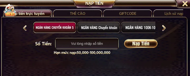 Nạp tiền để có vốn cược nổ hũ tdtc